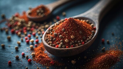 Aleppo pepper in a wooden spoon with selective focus on the spice