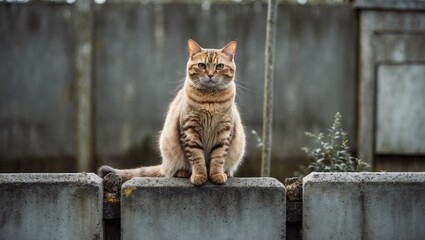 An adorable yellow tabby cat sitting on the concrete fence.