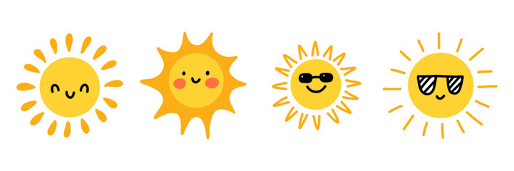Cute cartoon sun icons set. Collection of smiling sunshine faces with sunglasses, hearts, blush, and kawaii expressions. Perfect for kids, summer designs, weather apps, or nursery prints.