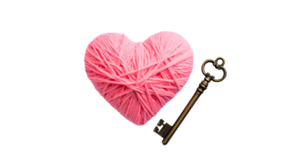 pink yarn heart with retro key isolated on transparent background
