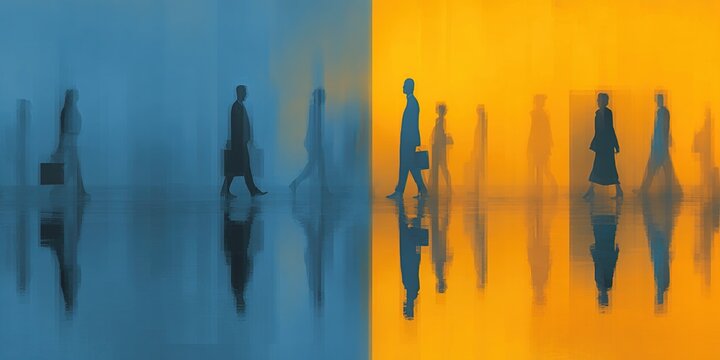 Blurred silhouette of office employees in a blue and yellow color business building. Generative ai. High quality