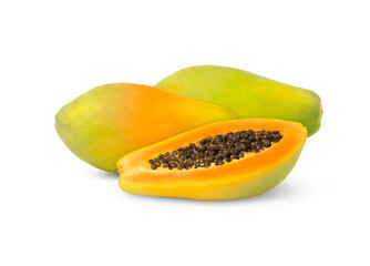 Whole papaya fruit and cut in a half with seeds isolated.