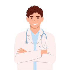 Fototapeta premium Male doctor in white coat standing with arms folded. Flat isolated vector illustration