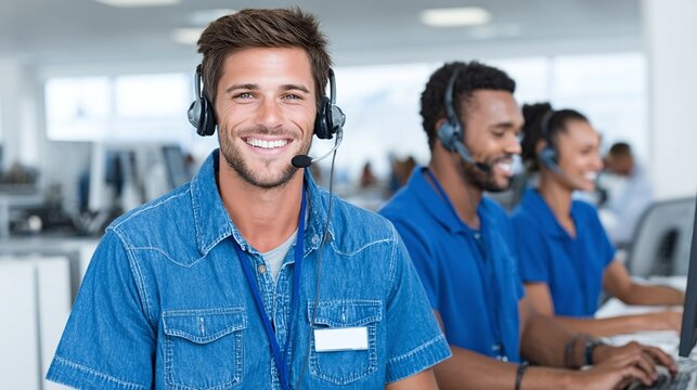 Call center workers wearing headsets smiling in a bright office environment.