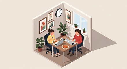 Two Coworkers Enjoying Lunch Break in Modern Office