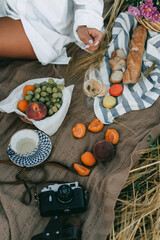 Rustic summer picnic flat lay with fruit, baguette, macarons and vintage camera on knitted blanket