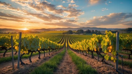 Naklejka premium Amazing photo of vineyard with beautiful sky at sunset.