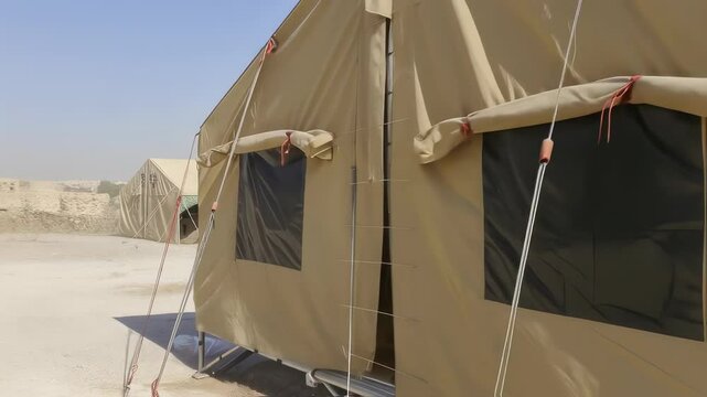 Military Tent Camp: A visual depiction of military camp, under a clear, bright sky, evokes a sense of order and preparedness. The tents stand steadfast in the sun-drenched landscape.