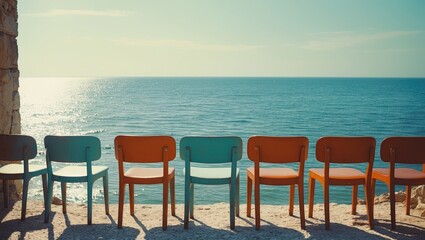 Fototapeta premium Empty chairs in front of the sea with empty copy space for text