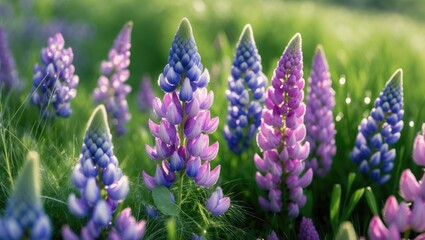Awakening Of Nature. Blooming Lupine Flowers Growing Outside In Green Summer Meadow. Slow Motion.