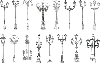 Detailed vector illustration set of vintage street lamps featuring ornate historical designs perfect for urban planning, architectural restoration, and retro-themed decorative design projects.

