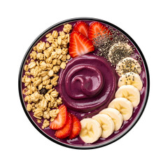 A healthy and vibrant acai smoothie bowl with fresh fruit and granola on isolated transparent background, viewed from above for wellness concepts.