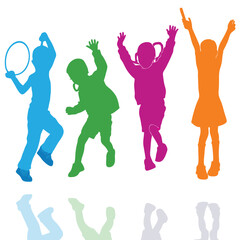 Colorful silhouettes display children jumping, playing, and raising arms with joy on white