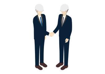 ヘルメット姿のビジネスマンが握手する場面のアイソメトリックイラスト