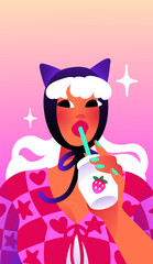 Fashion young woman holds glass bottle, drinks beverage with straw. Avatar of happy girl in trendy hat, bonnet cap. Female portrait with modern clothes, stylish headwear. Flat vector illustration