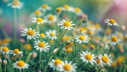 Fototapeta premium Camomile Blossoms In Natural Environment With Blurred Background. With Empty Copy Space For Text