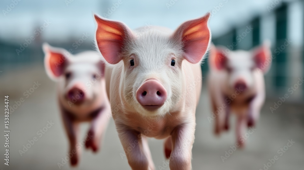 Aufkleber three pigs running in a field. one of them is looking at the camera. the other two are behind it
