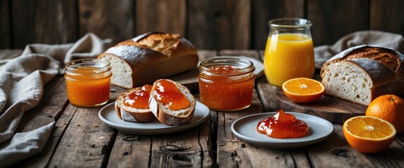 Bread set with orange jam and orange juice on wooden table, featuring empty copy space for text.