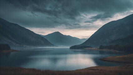 A tranquil landscape of a lake surrounded by mountains with an atmospheric sky.