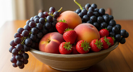 Fruit bowl with peaches, strawberries, and grapes, with tassels hanging from the top tier of the fruit bowl