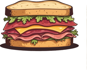 Cartoon Illustration of a Delicious Sandwich with Meat Cheese and Greens