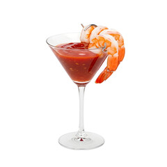 An elegant shrimp cocktail appetizer in a martini glass with sauce on isolated transparent background, for formal events and restaurant menus.