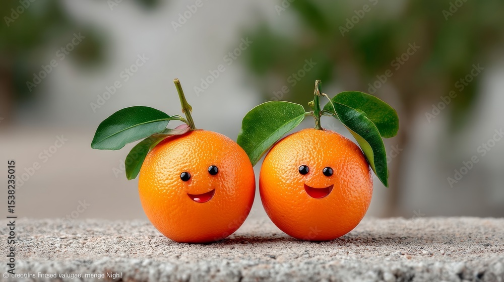Poster two oranges with smiling faces on them. the oranges are placed next to each other on a surface