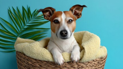 Dog is laying in a basket with a leaf on top of it. The basket is yellow and the dog is brown and white