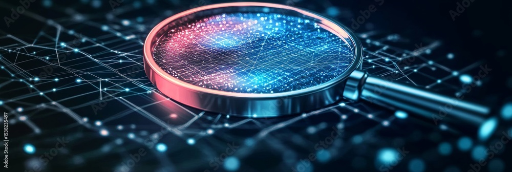 Poster futuristic digital investigation with magnifying glass and network connections visualization