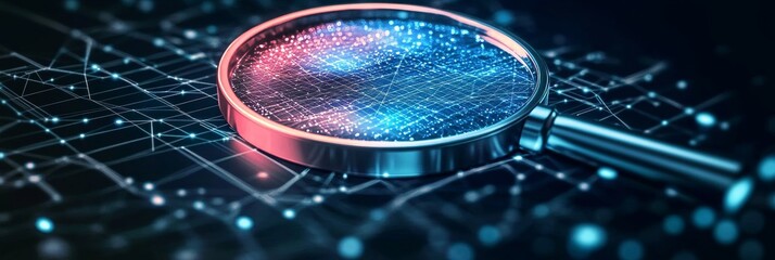 Futuristic Digital Investigation with Magnifying Glass and Network Connections Visualization