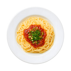 Top View Spaghetti with Tomato Sauce on Plate Isolated On White