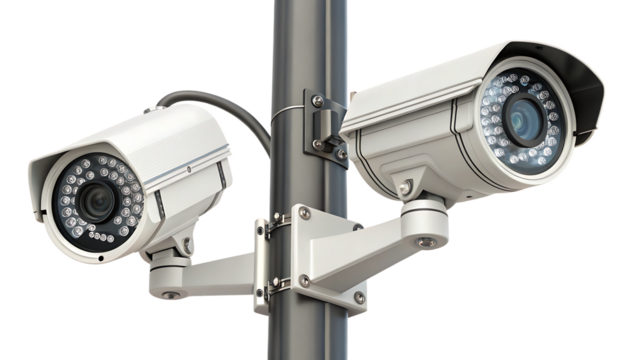 Security cameras mounted on pole isolated on a white background PNG. AI GENERATED