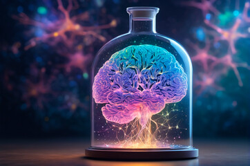 Neon Brain in Glass Jar with Neural Connections. Generative AI.