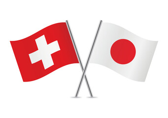Switzerland and Japan crossed flags. Swiss and Japanese flags on a white background. Vector icon set. Vector illustration.
