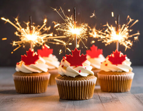 Canada Day cupcakes frosted with maple leaf designs, placed neatly on a table with sparklers lit behind them.