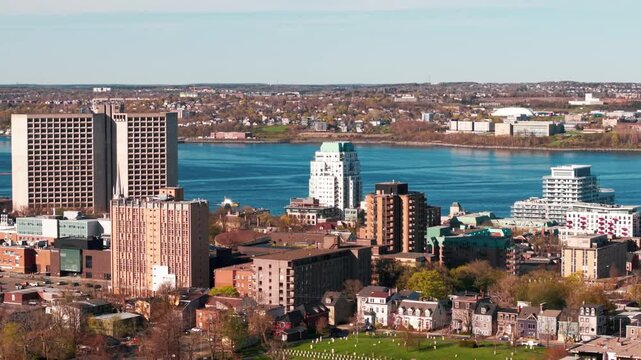 Drone footage capturing the vibrant energy of Downtown Halifax with its historic sites, bustling waterfront, and lively streets