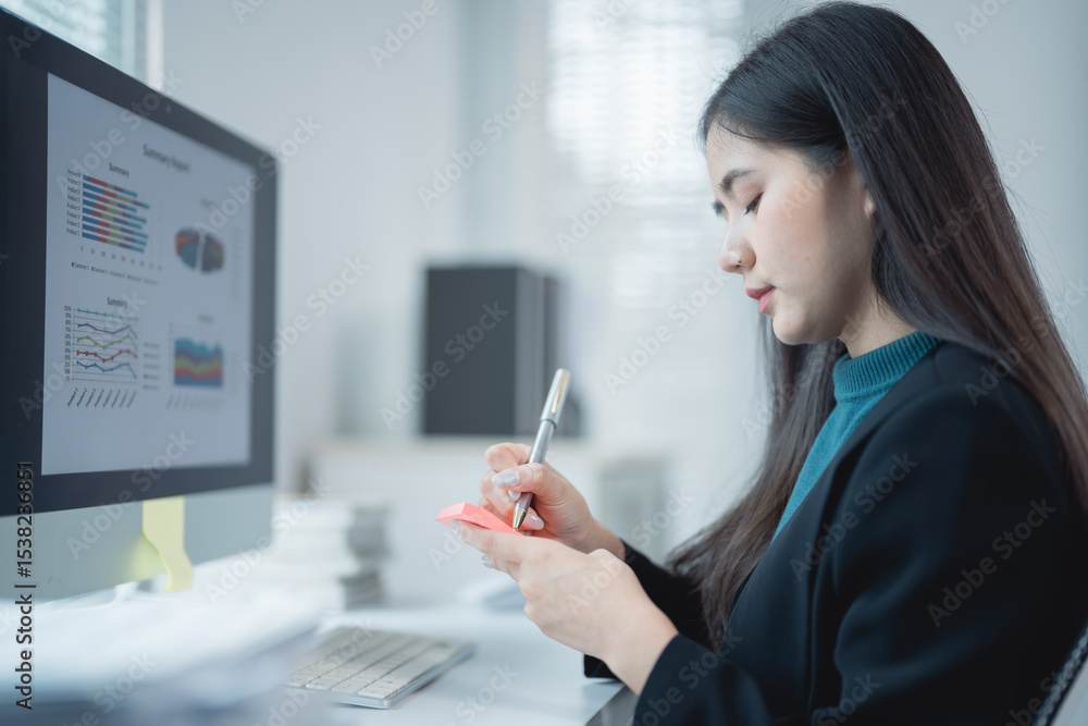 Poster young asian businesswoman taking notes on a sticky note while analyzing charts and graphs displayed 