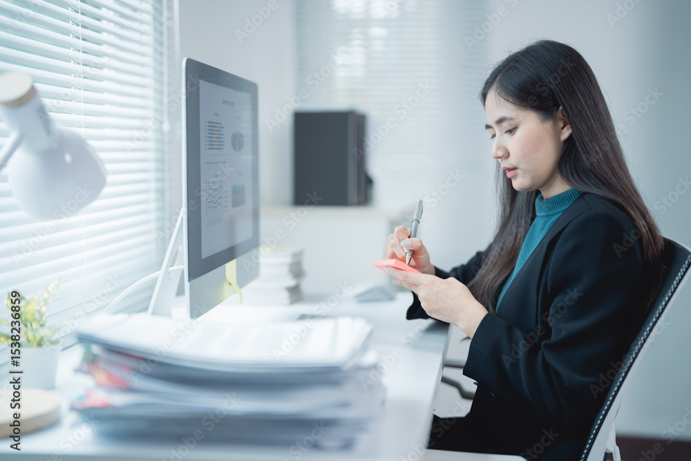 Poster asian businesswoman sitting at desk and taking notes on sticky notes while analyzing charts displaye