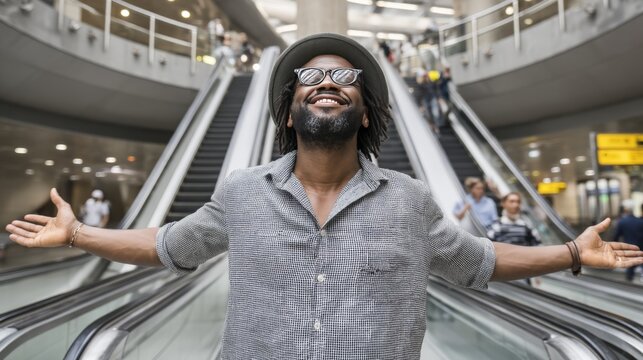 Happy man with arms open in an airport terminal with escalators and travelers