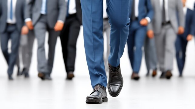 A group of businesspeople walking together in formal suits on a city street