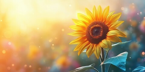 Fototapeta premium Vibrant sunflower stands tall in a sunny garden during golden hour with shimmering light all around