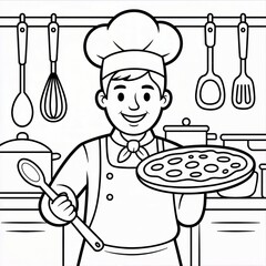Coloriage d’un chef cuisinier avec une pizza