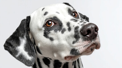 Dalmatian dog with a curious head tilt against a plain background