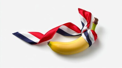 Banana is wrapped in a red, white, and blue ribbon. The banana is yellow and the ribbon is made of fabric with red, white, and blue stripes