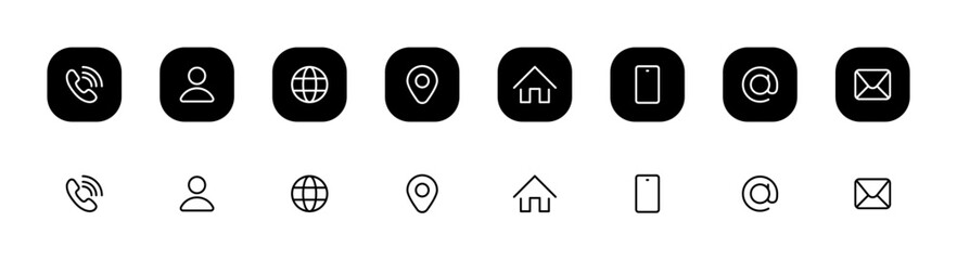 Business card icon set in line style. Contact information, Home, Phone, Location, Address, Website, mail, fax, user simple black style symbol sign for apps and website, vector illustration.