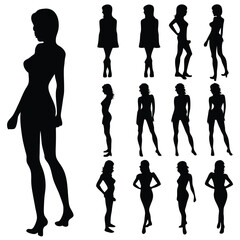 Multiple black silhouette outlines showcase a diverse range of fashionable, attractive women in various confident poses