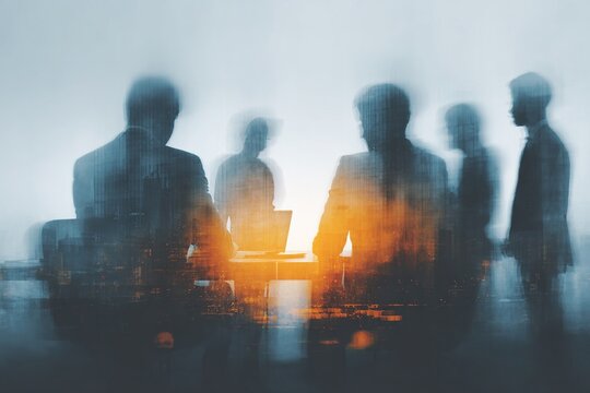 Business team work process.Double exposure photo professional crew working with new startup project.Investment managers meeting. Analyze business plans laptop.Blurred,film and bokeh effect. Horizontal