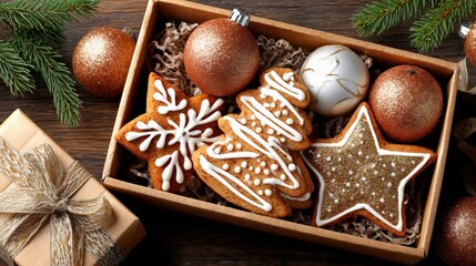 Festive Christmas cookies and ornaments arranged in a gift box on a wooden surface