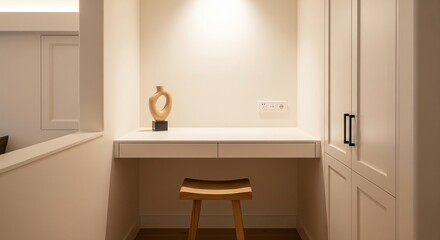 Minimalist interior design featuring a home office nook with wooden stool and cabinetry
