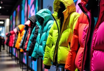 Fototapeta premium Bright colorful winter jackets displayed on a clothing store rack for outdoor wear
